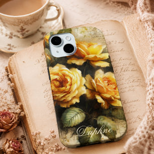 Funda Para iPhone 15 Rosa Amarilla Vintage Shabby Chic con Nombre Perso
