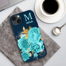 Funda Para iPhone 13 Rosa azul Aqua Esparkle Bouquet Monograma Funda-Ma