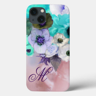 FUNDA PARA iPhone 13 ROSA AZUL TURQUESA, FLORES DE ANÉMONA BLANCAS MONO