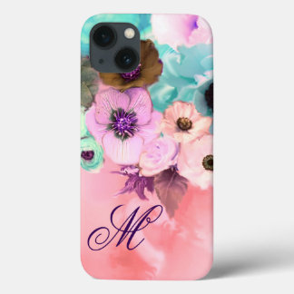 FUNDA PARA iPhone 13 ROSA AZUL TURQUESA, FLORES DE ANÉMONA ROSADAS MONO