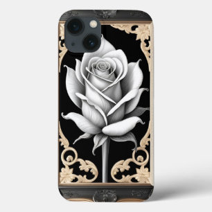 Funda Para iPhone 13 Rosa Blanca Elegante con Marco de Oro Ornamentado