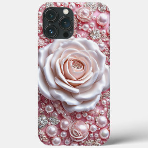 Funda Para iPhone 13 Pro Max Rosa Blanca Elegante y Perlas Rosadas Brillantes