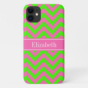 Funda Para iPhone 11 Rosa Caliente #2 Lime Verde LG Nombre Chevron Mono
