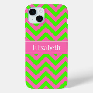 Funda Para iPhone 15 Mini Rosa Caliente #2 Lime Verde LG Nombre Chevron Mono