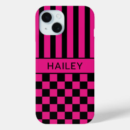 Funda Para iPhone 15 Rosa Caliente y Negro Cuadros Rayas Personalizado