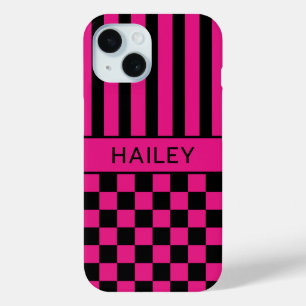 Funda Para iPhone 15 Rosa Caliente y Negro Cuadros Rayas Personalizado