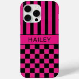 Funda Para iPhone 15 Pro Max Rosa Caliente y Personalizado a Cuadros Negros