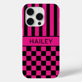 Funda Para iPhone 15 Pro Rosa Caliente y Personalizado a Rayas Cuadradas en