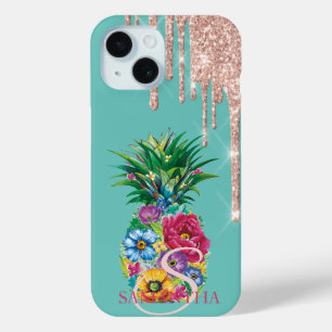 Funda Para iPhone 15 Rosa Chic Dorado Brillo Goteo Piña Verde Menta