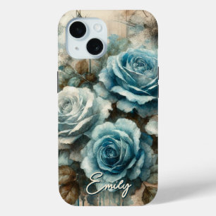 Funda Para iPhone 15 Rosa Chic Pastel Azul de Shabby Vintage personaliz
