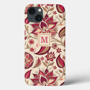 Funda Para iPhone 13 Rosa de Berry Profundo con Flor Boho en Monograma