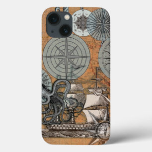 Funda Para iPhone 13 Rosa de brújula Vintage Nautical Octopus Ship