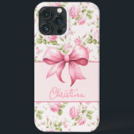 Funda Para iPhone 13 Pro Max Rosa de cabaña rosa con coqueta de vaca<br><div class="desc">Este estuche para iPhone presenta un rosa de col rosa en el fondo con una forma de caja rosa curvada que delimita la personalización de tu nombre con una bonita proa rosa.</div>