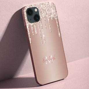 Funda Para iPhone 13 Rosa de lujo Purpurina de oro con nombre/monograma