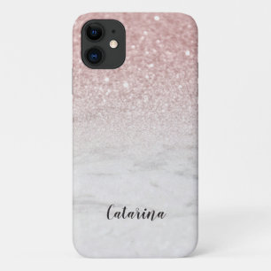 Funda Para iPhone 11 Rosa de mármol blanco Faux Purpurina añadir nomb