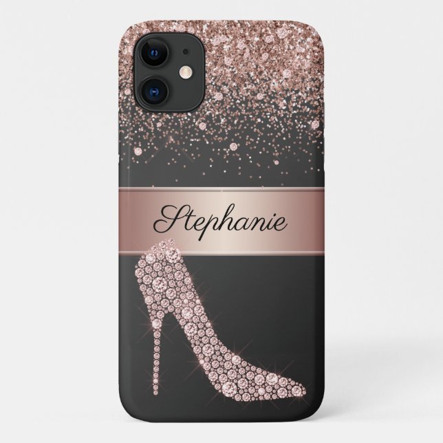 Funda De Case-Mate Para iPhone Rosa de moda Purpurina de oro Diamond High Heel Sh (Reverso)