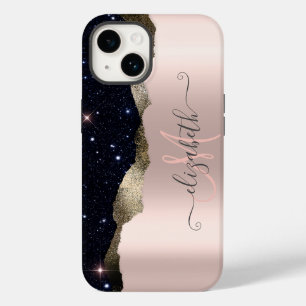 Funda Para iPhone 14 De Case-Mate Rosa de oro con monograma de brillo negro moderno 