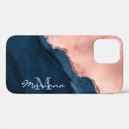 Funda Para iPhone 12 Pro Rosa de oro y azul marino - Acuarela agata -