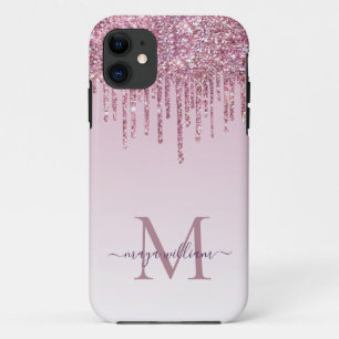 Funda Para iPhone 11 Rosa De Perforaciones Purpurinas Monograma Y Nombr