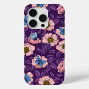 Funda Para iPhone 15 Pro Rosa de perro y mariposas en rosa y púrpura