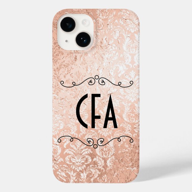 Funda De Case-Mate Para iPhone Rosa dorada damasco con monograma personalizado (Reverso )