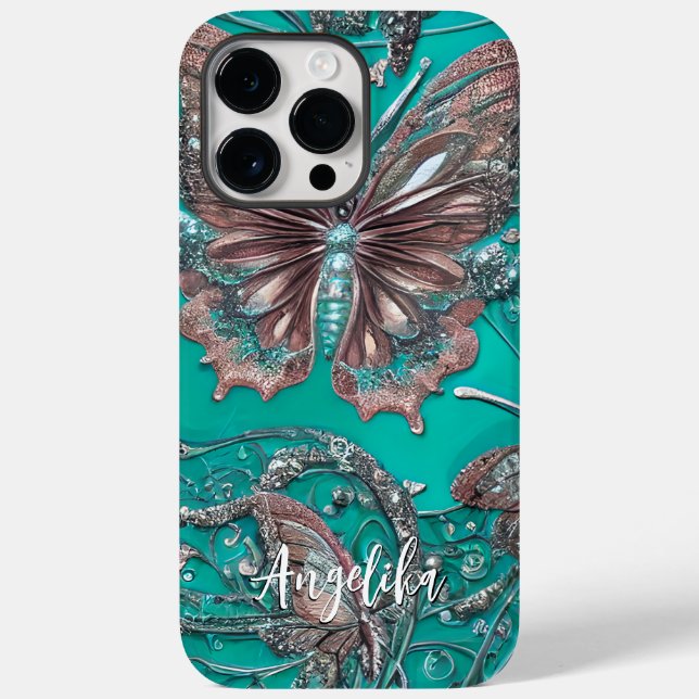 Funda De Case-Mate Para iPhone Rosa Dorada Mariposa Azul Personalizado Nombre (Reverso )