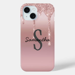Funda Para iPhone 15 Rosa Dorado Monograma Brillo Goteo Rubor Rosa Tend