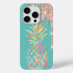 Funda Para iPhone 15 Pro Rosa Dorado Purpurina Goteo Piña Verde Menta