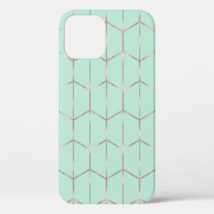 Funda Para iPhone 12 Rosa dorado y menta chic glam hexagonal geométrico