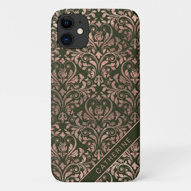 Funda De Case-Mate Para iPhone Rosa Dourada Chic Damask Nombre Personalizado (Reverso)