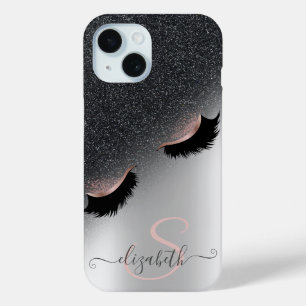 Funda Para iPhone 15 Rosa Faux Lash Black Purpurina Ombre Silver