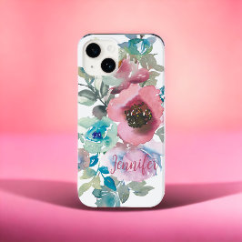 Funda Para iPhone 13 Pro Max Rosa floral de color de agua Dusty rosa Nombre per