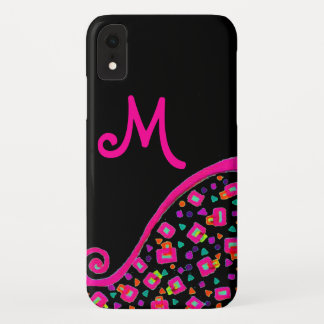 FUNDA PARA iPhone XR ROSA FUCHSIA BLACK ABSTRACT DECO MONOGRAM