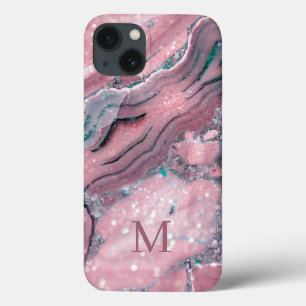 Funda Para iPhone 13 Rosa Girona Agate rosa Oro Purpurina Quartz Monogr