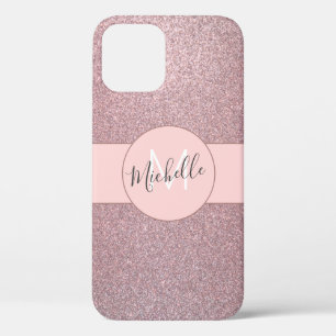 Funda Para iPhone 12 Rosa Gold Rubor Rosa Girly Purpurina Monograma Nom