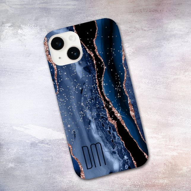 Funda De Case-Mate Para iPhone Rosa Gold Sparkle Blue Abstract Monograma (Subido por el creador)