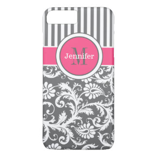 Funda Para iPhone 8 Plus/7 Plus Rosa, gris, franja blanca, Damask iPhone 7 Funda