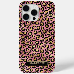 Funda Para iPhone 15 Pro Max Rosa Monograma de Estampado de Leopardo en Hoja de