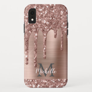 Funda Para iPhone XR Rosa monogramado de goteo Purpurina de oro en Meta