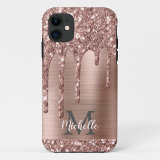 Funda Para iPhone 11 Rosa monogramado de goteo Purpurina de oro en Meta