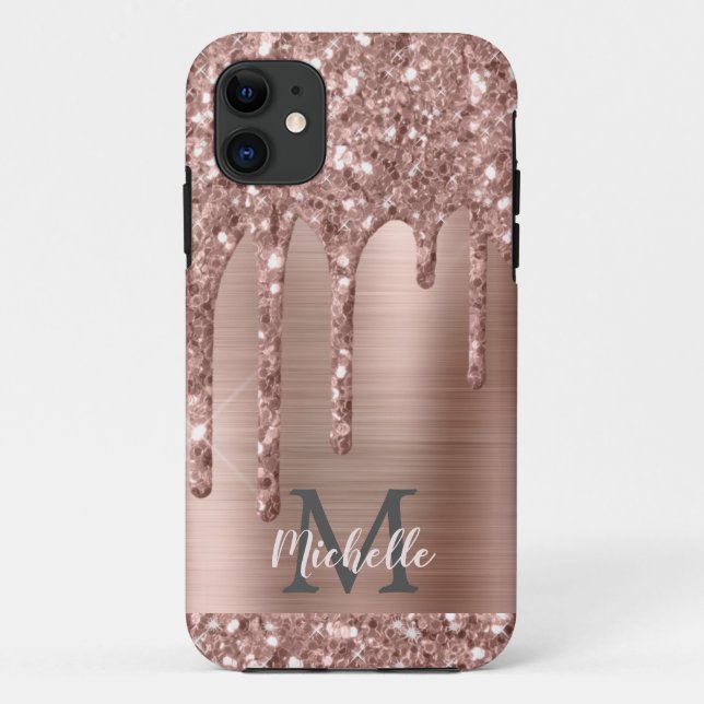 Funda De Case-Mate Para iPhone Rosa monogramado de goteo Purpurina de oro en Meta (Reverso)