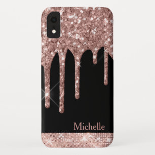 Funda Para iPhone XR Rosa monogramado Purpurina de oro gotea en negro