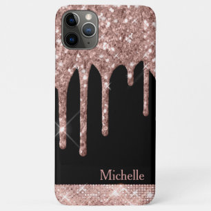 Funda Para iPhone 11 Pro Max Rosa monogramado Purpurina de oro gotea en negro