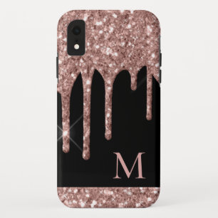 Funda Para iPhone XR Rosa monogramado Purpurina de oro gotea en negro