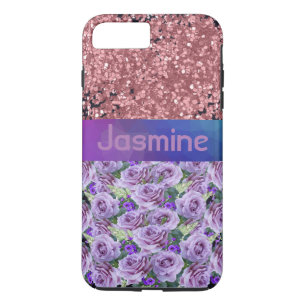 Funda Para iPhone 8 Plus/7 Plus Rosa morado floral Purpurina rosado Parkles Nombre