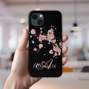 Funda Para iPhone 13 Rosa Negra Monograma con Brillo de Purpurina Dorad