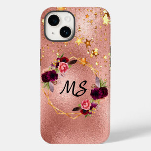Funda Para iPhone 14 De Case-Mate Rosa oro burdeos florines dorados estrellas monogr