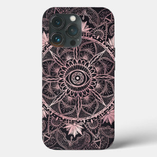 Funda Para iPhone 13 Pro Rosa Oro Mandala Diseño Negro