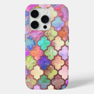 Funda Para iPhone 15 Pro Rosa Oro y Pastel Quatrefoil Marroquí