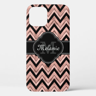 Funda Para iPhone 12 Rosa Patrón de cheurón de oro Monograma blanco neg